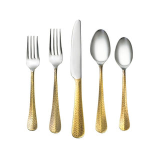Ensemble de couverts de 5 pièces en laiton et or, avec poignée martelée, vendu avec fourchettes, livraison gratuite - Product Image 1