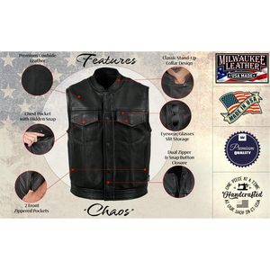 Gilet de moto pour homme en cuir noir Chaos Premium à double fermeture MLVSM5004 fabriqué aux États-Unis 2025 - Product Image 3