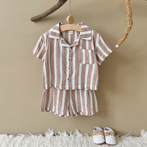 2Pcs Thiết Lập Mềm Mại Thoải Mái Thoáng Khí Giản Dị Bé Unisex Mùa Hè Quần Áo Ve Áo Cổ Áo Sọc Quần Short Áo Sơ Mi - Product Image 4