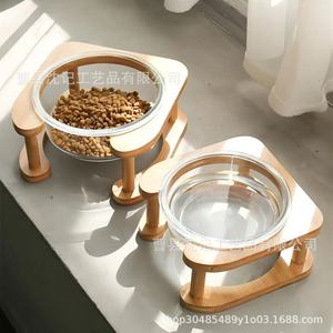 Comedero doble de madera para gatos con base antideslizante para platos de comida y agua, diseño simple. - Product Image 3