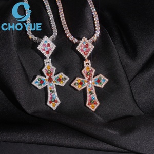 Iced Out Colorful Moissanite Cross <b>Pendant</b> <b>Solid</b> 925 Silver Rose <b>Gold</b> Plated Hip Hop Jewelry Unisex Everyday Wear - Product Image 1