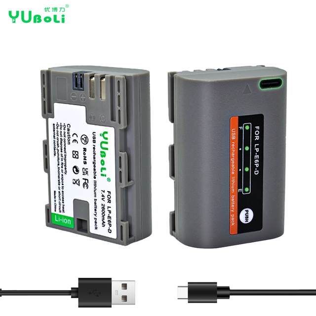 LP-E6, LP-E6P Battery 2600mAh USB-C Charging, LED Display Replacement Batteries for Canon EOS 5D 6D 7D 60D 70D 80D 90D
