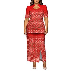 Conjunto Feminino de 2 Peças com Estampa de Plantas Polinésias Feito Sob Medida: Blusa Puletasi de Manga Curta com Decote Vazado e Saia Maxi com Fenda para Ocasiões Formais - Product Image 1