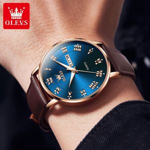 Montres Olevs 2920 à mouvement à quartz, vente en gros, bracelet en cuir, étanches, lumineuses, automatiques, pour hommes - Product Image 2