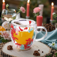 Tasse à fleurs en verre borosilicate à double paroi, style classique, 250/350 ml, design fleurs séchées, avec poignée, réutilisable, passe au lave-vaisselle