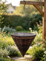 Panier suspendu en ciment brun foncé de style américain, sculpté à la main, avec bord en zigzag, 3 crochets métalliques, pour l'intérieur et l'extérieur, jardin, fleurs