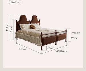 Lit double vintage français en velours doux, taille king, pour villa, chambre à coucher, cadre en bois de luxe, rembourré marron, mobilier - Product Image 5
