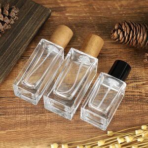 30-100ml Square Clear Glass <b>Perfume</b> <b>Atomizer</b> Bayonet Press Spray Wooden Lid Refillable Empty Bottle In Stock - Product Image 1