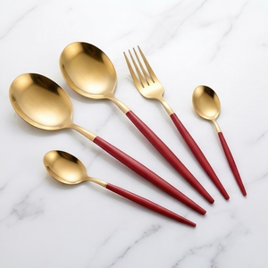 Modern Gold Plated Flatware Set With Red Handles Dishwasher Safe Cutlery For Wedding Use And Tabletop Use - Product Image 1