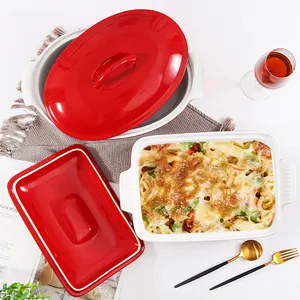 Juego de cazuela ovalada Rectangular roja, plato de cerámica para hornear, utensilios grandes para hornear, con tapa de acristalamiento, platos para hornear y sartenes