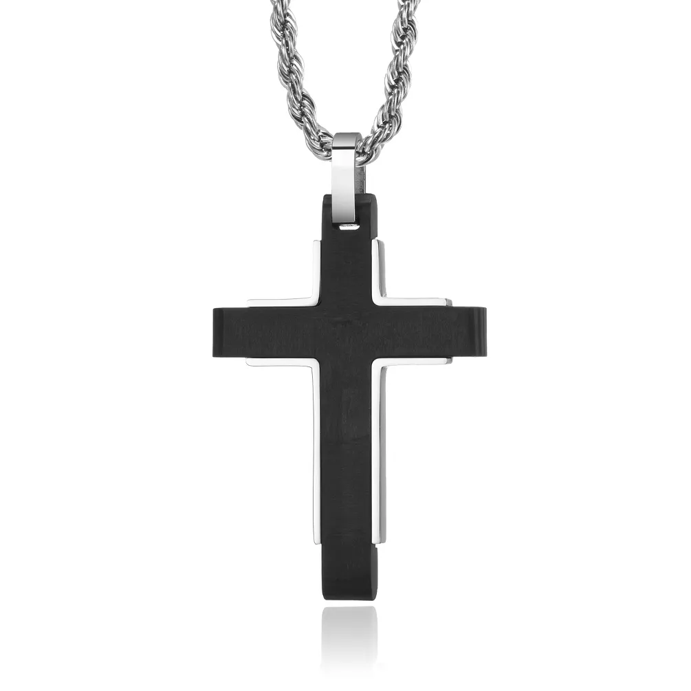 New Creative Silver Stainless Steel Cross Two Tone Pendant Necklace Forged Carbon Fiber Cross Ashes Pendant Stylish Jewelry