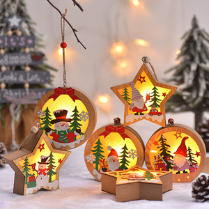 Wooden Christmas <b>Hanging</b> Ornaments Led Lighted Round <b>Star</b> Shape Santa Snowman Decorations For Christmas Tree - Product Image 1