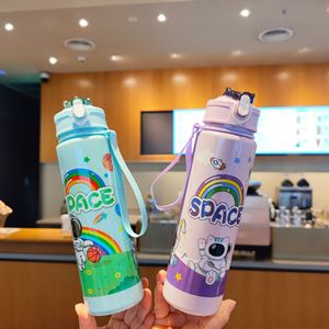 Children's Cartoon Astronaut Water Bottle Pop-Up Straw Portable Strap PC Plastic Cup For Students Gift - Product Image 1