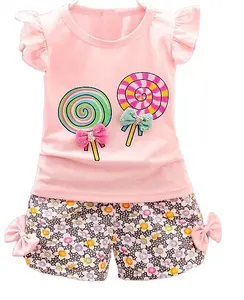 Candy printed Girls flutter sleeve t shirt and floral shorts set toddler girls clothing set 100% cotton SINGLE PIQUE INTERLOCK