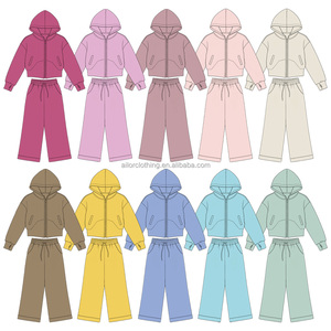 Ensemble deux pièces en polaire pour enfants : Crop top à capuche, sweat à manches longues zippé et pantalon large. Faible MOQ, prix usine, ODM et OEM. - Product Image 4