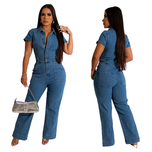 Combinaison en jean taille haute pour femme, tricotée, à manches courtes, col rabattu, longueur intégrale, couleur unie, respirante, style décontracté urbain - Product Image 1