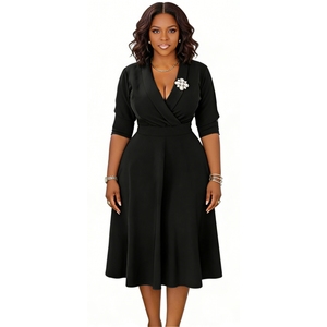 เดรสผู้หญิงทรงเข้ารูปแบบพันรอบตัว ความยาวปานกลาง - ประดับเข็มกลัดคริสตัล ชุดเดรสออกงานสไตล์แอฟริกันสำหรับผู้หญิง แฟชั่น - Product Image 3