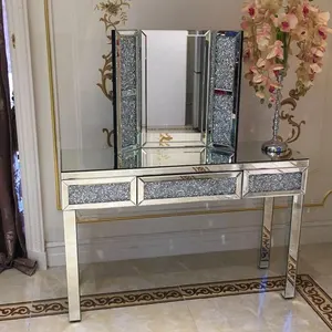 Sparkly Crushed Diamond Mirrored Vanity Dressing Table With Mirror and Stool Mirrored Dresser