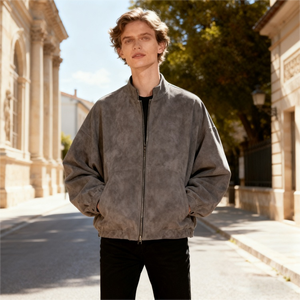 جاكيت جلد سويدي للرجال من تصميم فاخر، جاكيت شتوي فاخر عالي الجودة، جاكيت بومبر جلدي بقصة فضفاضة، جاكيت عمل عتيق من الجلد السويدي - Product Image 3