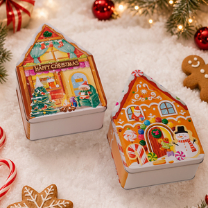 Boîte de rangement pour biscuits et bonbons en métal sur le thème de la petite maison de Noël, du <span class=keywords><strong>pain</strong></span> <span class=keywords><strong>d</strong></span>'épices et du bonhomme de neige, boîte de <span class=keywords><strong>d</strong></span>écoration de cadeau festif - Product Image 3