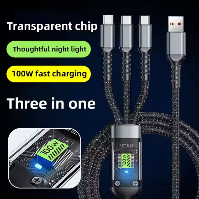 Logo Design 5A Fast Charging 1.2m 3-in-1 120W USB Type-C to Micro USB Nylon Transparent Data Cable