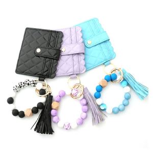 Wholesale <b>Men</b> Women Elastic Silicone <b>Bead</b> Bangle <b>Bracelet</b> Wallet Keychain Leather Tassel Wristlet Keychain Wallet - Product Image 3