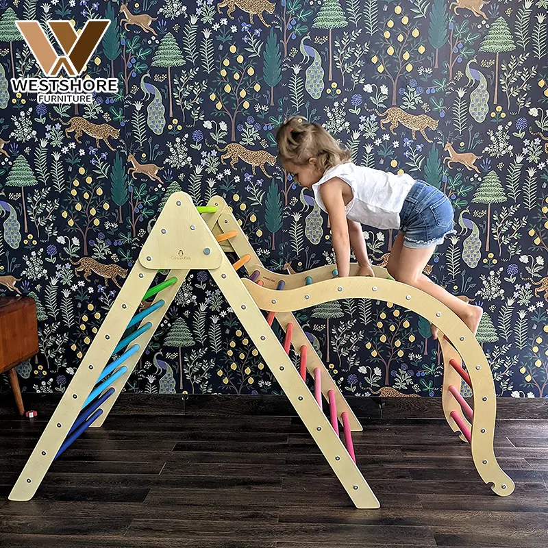 Montessori Piklers pieghevoli in legno triangolo rampicante triangolo bambino gioca palestra con rampa e arco a dondolo Area giochi al coperto