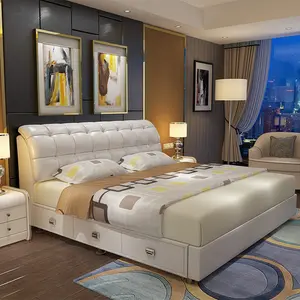 Cama de casal moderna estofada em tecido de couro para quarto de luxo, cama macia estofada Tatami com armazenamento para casa e hotel