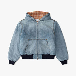 ODM Sweat à capuche en jean pour homme, zippé à double fermeture éclair, avec poignets côtelés, style décontracté, effet délavé vintage - Product Image 1