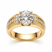 Runder Brillant-Diamant Verlobungsring 14K Gelbgold Sechseckige Fassung Breites Band mit Pavé-Seitensteinen
