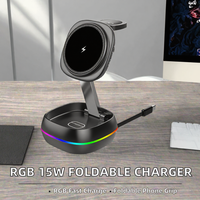 Support de téléphone magnétique à charge rapide 15W en ABS pliable et réglable en hauteur avec lumière RGB, chargeur sans fil 3 en 1 pour bureau