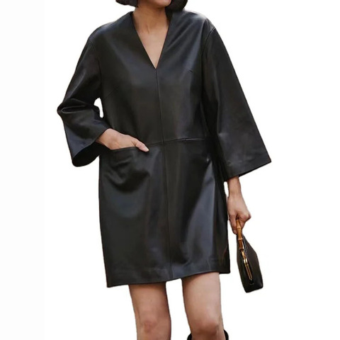 4201 New Design Custom V Neck Loose Long Sleeve Black Leather Midi Dress for Women