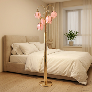 Lampadaire Tulipe Rose Haute pour Coin de Salon - Luminaire sur Pied avec Base Dorée E26 - Product Image 6