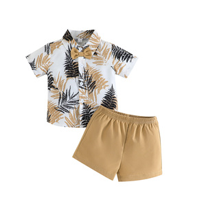 Conjunto de Dos Piezas al por Mayor para Bebés Niños, Estilo Resort de Playa, Camisa con Estampado de Palmeras y Pantalones Cortos Deportivos Casuales para Verano - Product Image 1