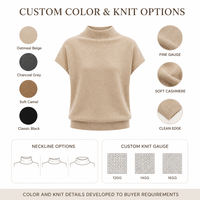 Pull en cachemire personnalisé pour femme, col haut, manches courtes, tricot côtelé, respirant