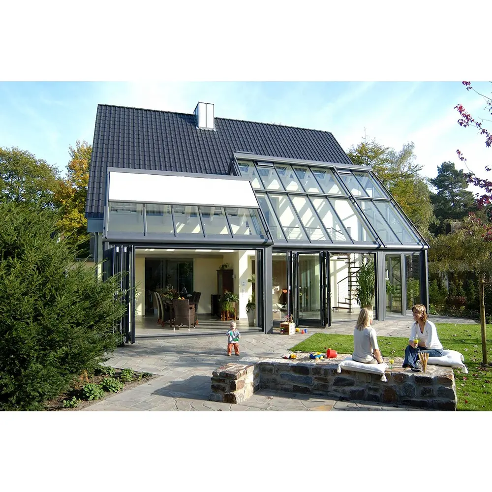 Özel tüm sezon glasshouse sunroomlar ucuz prefabrik ev alüminyum cam çatı veranda muhafazaları sunroom kiti