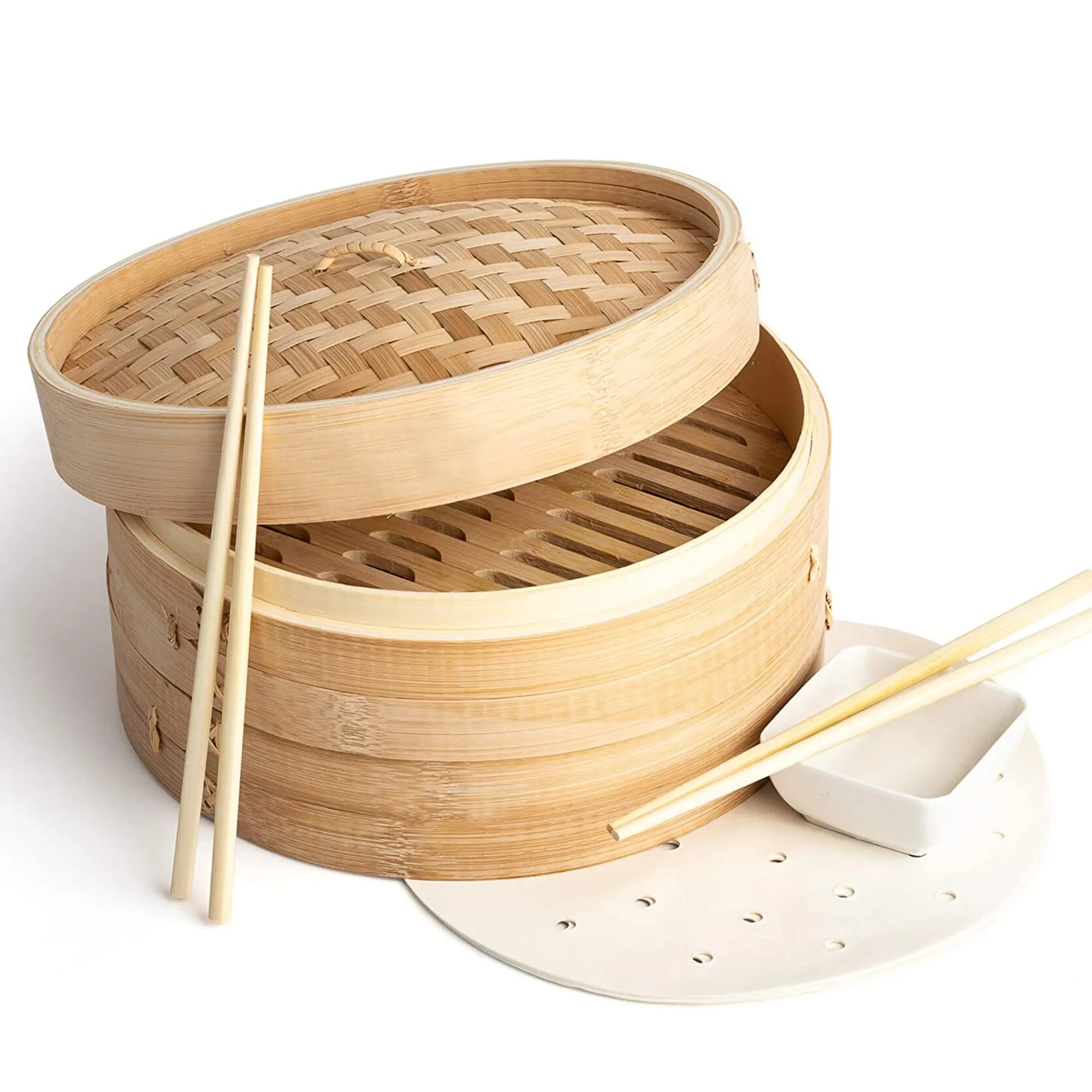 2021 Hot Sale 100% Organic 2 Tier Bamboo Steamer Basket for Cooking