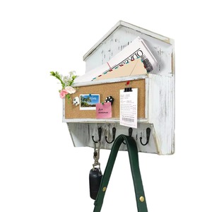 Wall-mounted <b>Rustic</b> White <b>Wooden</b> Storage Box With Cork Board And Hooks For Mail Key Organizer - Product Image 3