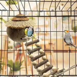 Casa de animales pequeños, jaula para mascotas, decoración de hábitats, Nido de Pájaro de coco, cabaña con escalera para loros, periquito - Product Image 5
