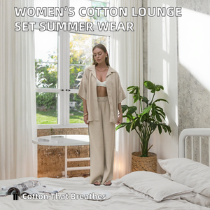 Ensemble pour femmes en coton 100% avec chemise à col cranté à manches courtes et pantalon tissé respirant pour l'été - Product Image 2