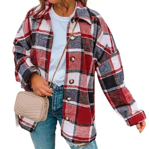 가을 새로운 유행 격자 무늬 셔츠 양털 재킷 버튼 다운 셔츠 여성 긴 소매 플란넬 흑백 버팔로 격자 무늬