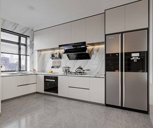 Gli armadi in legno bianco personalizzati in stile moderno <span class=keywords><strong>con</strong></span> maniglie nere offrono un interno spazioso - Product Image 1