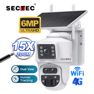 Telecamera <span class=keywords><strong>IP</strong></span> WiFi <span class=keywords><strong>Smart</strong></span> da Esterno 6MP 3K con Scheda SIM 4G, Zoom 15X, Tre Obiettivi, Doppio Schermo, Alimentazione Solare PTZ - Product Image 1