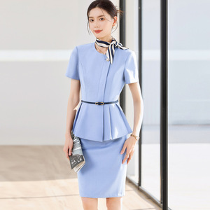 Flight Attendant Professional Suit Blue Peplum Skirt Set Mandarin Collar Office Lady Uniform Anti-Wrinkle Woven Fabric - Product Image 1