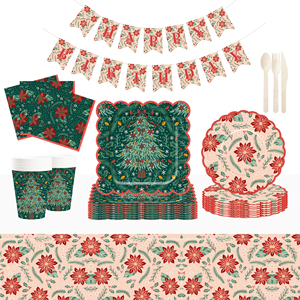 ชุดจานกระดาษลายดอกไม้สีแดงและต้นคริสต์มาสสีเขียวแบบกำหนดเองสำหรับงานปาร์ตี้คริสต์มาส DAMAI  แบบใช้แล้วทิ้ง - Product Image 1