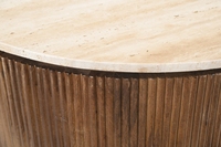 Table basse ronde en bois CNC avec plateau en marbre travertin, finition noyer clair / marbre travertin bois de manguier
