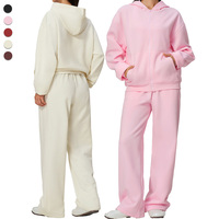Ensemble 2 pièces pour femme en polyester et coton brossé polaire, sweat à capuche zippé et pantalon de survêtement large pour l'automne et l'hiver
