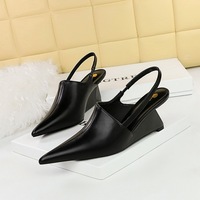 Sepatu Wanita Musim Panas, Hak Wedge Tipis, Bahan Kulit PU, Model Pointed-toe Wrap-toe Slingback, Cocok untuk Kencan