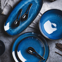 Service de table en céramique grès bleu glaçure réactive haut de gamme service de restaurant Design moderne assiettes de restauration pour les hôtels