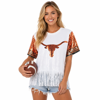 T-shirt à sequins pour femme, style maillot de football américain Texas Longhorns, avec pompons, pour le jour du match, pour les fans de la NFL Texas Longhorns